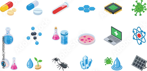 Medical science icons set, healthcare laboratory symbols, biology research elements, medicine technology collection, microbiology chemistry vector illustration pack