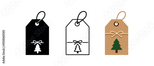 A trio of rectangular hang tags featuring a ribbon and tree cutout shown in solid, outline, and brown kraft color for gift labels.