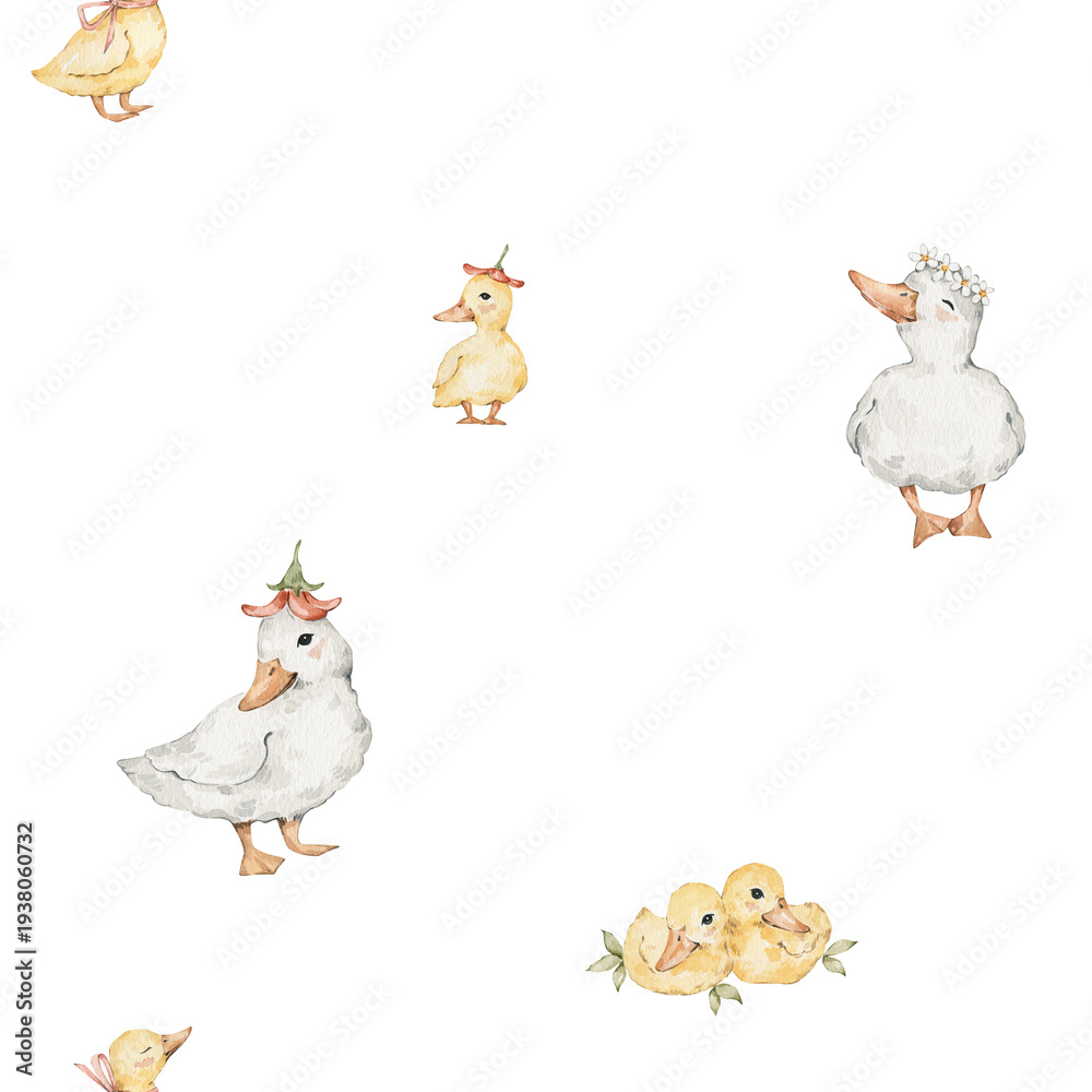 Fototapeta premium Watercolor seamless pattern with farm animals. Rabbit, duck, duckling, chicks, flowers, checkered background