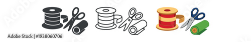 Three small icons showing a thread spool, scissors, and a roll of fabric in solid, outline, and colored styles for craft, tailoring, or hobby graphics.