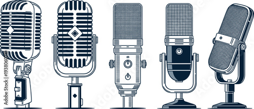 Vintage retro microphones collection with classic studio broadcast audio recording equipment line art vector illustration set