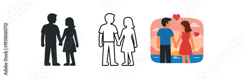 Three couple icons: solid silhouettes, outline pair, and a colorful seaside scene of a man and woman holding hands with hearts overhead, for romance, travel, or dating designs.