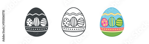 A set of three egg icons — solid, outline, and colorful decorated egg with stripes and dots for easter cards, banners, or craft designs.