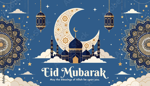 Eid Mubarak celebration with mosque and crescent moon