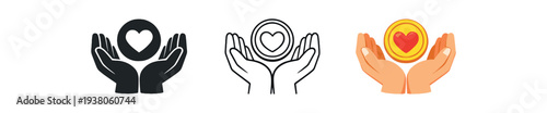 Hands holding coin with heart for charity donation care and support icon flat vector icon