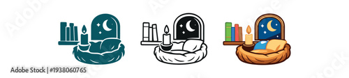 Cozy nighttime reading nook icon in three styles: silhouette, line art, and full color candle, books, pillow, and moon scene for app or banner flat vector illustration