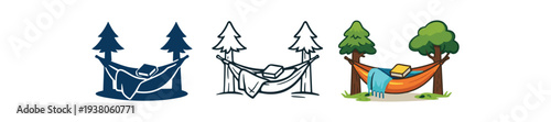 Hammock tied between trees with a book and waterfall nearby for relaxing nature background flat vector illustration