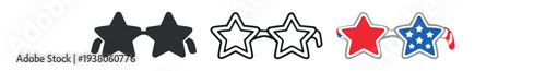 A row of star-shaped designs shown as filled silhouettes, hollow line stars, and red-white-blue decorated star sunglasses and stars — good for party art, holiday badges, or kids themes.