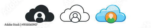 Three cloud account icons combining a cloud shape with a user silhouette in solid, line, and colorful flat styles for cloud services, profiles, and account ui elements.