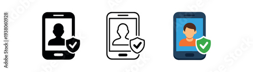 Three phone icons showing a user on the screen and a shield with a checkmark, ideal for secure login, verified account, or mobile authentication ui elements.