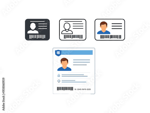 A set of id card icons including filled, outline, colored card variants and a larger detailed id document with photo, text lines, and barcode for verification, onboarding, and profile screens.