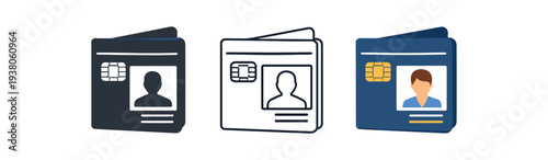 Three folded id/passport booklet icons showing a chip and profile photo in solid, outline, and colored versions for travel, security, and document apps.
