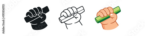 Three simple icon variations of a hand holding a short baton or rolled object — solid, outline, and colored versions suitable for user interfaces, badges, or sticker use.