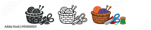 Three craft icons showing a woven basket of yarn with knitting needles and scissors in solid, line, and full color for hobby and sewing interfaces.