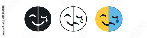 Three emotion icons showing a face split down the middle: one half smiling, the other half sad with a tear, presented as solid, outline, 