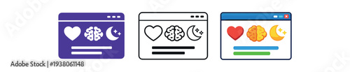 Three browser or app window icons containing a heart, a brain, and a crescent moon motif: solid purple, black outline, and colorful ui-style version for mental health, sleep, or wellness interfaces.
