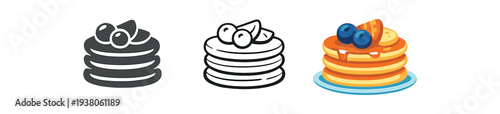 Three breakfast icons of a pancake stack topped with fruit in solid, line, and full color styles for menus, recipe apps, and cafe branding.
