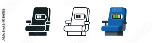 Three flat icons of an airplane or transport seat showing a battery/charge symbol on the seat back, useful for travel apps, seat maps, or in-flight power indicators.