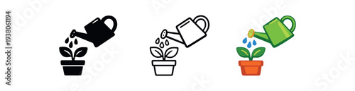 Watering can pouring water on a potted plant for growth and gardening icon flat vector icon