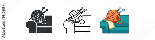 Colorful illustrations showing a ball of yarn and knitting needles resting on a sofa arm, evoking cozy home knitting, hobbies, and handmade crafts.