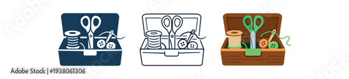 Three coordinated icons of an open sewing box containing scissors, thread spools, buttons and a needle — solid, outline, and colored versions for sewing or craft use.