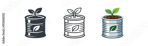 Three flat icons of a seedling growing from soil inside a recycled tin can, shown as a dark silhouette, 