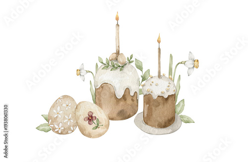 Fotografía Watercolor easter decoration with eggs, flowers, candles, dessert, paskha
