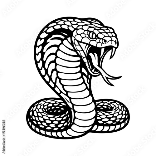 Dibujo sencillo con líneas de una cobra enojada, con la boca abierta, enseñando los colmillos y la lengua bífida
