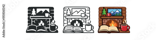 Three flat icon variations of a cozy fireplace setting—open book, steaming mug, mantel with picture and pine decorations—suitable for holiday, home, or reading designs.