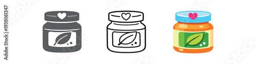 Three versions of a jam/preserve jar: solid gray, black outline, and colorful orange jar with green leaf label and a pink heart on the lid for organic food branding.