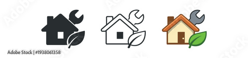 Three icon variations of a house combined with a wrench and a leaf to suggest eco-friendly repair or sustainable home services — solid, outline, and full-color flat styles for apps or brochures.