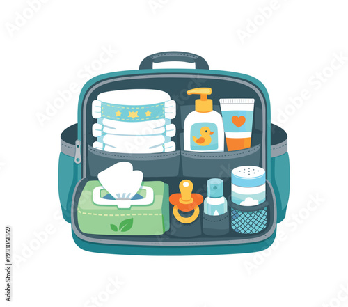 Detailed flat illustration of a teal diaper bag neatly organized with diapers, wet wipes, pacifier, lotion, cream, and jars—useful for parenting checklists or travel baby guides.