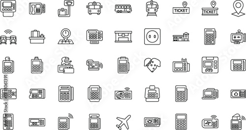 Public transport and payment terminal line icons set, ticket machine POS device travel service vector illustration collection