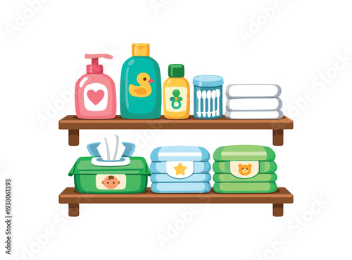 Two wooden shelves stocked with baby wipes, folded diapers, bottles of lotion and shampoo, cotton swabs and towels—an organized nursery supplies scene for guides, labels, or ecommerce icons.