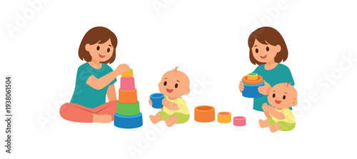 Cartoon scene of two women each playing with a baby using colorful stacking cups and rings to build towers, ideal for parenting guides, nursery graphics, and child development topics.