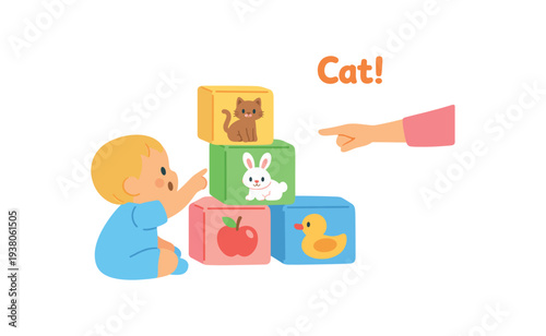 Flat vector image of a baby sitting beside stacked colorful blocks showing pictures of a cat, rabbit, apple, and duck while a parent points and names the cat, useful for preschool or parenting guides.