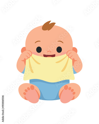 Adorable flat vector portrait of a seated baby clutching a soft yellow blanket to their face and smiling, suitable for baby product packaging, nursery decor, or parenting content.