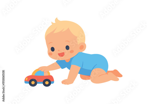 A cheerful blond infant in a blue onesie crawling and pushing a red toy car on a white background, friendly kid illustration for baby products or nursery design.