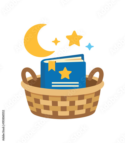 A blue book with a star bookmark tucked inside a woven basket under a crescent moon and stars, evoking bedtime stories and cozy nursery scenes.