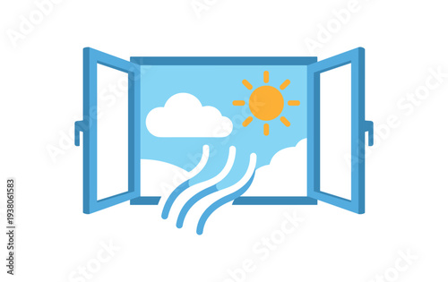 Blue open window showing sun, clouds and airflow lines to suggest fresh air, ventilation, and a bright morning scene.