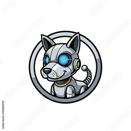 A cartoon logo of a cute robotic dog made of polished silver metal