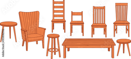 Wooden Furniture Set with Chairs Stools and Table in Different Styles Isolated on White Background Vector Illustration