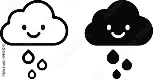 Vector icon set of smiling clouds and raindrops for weather design