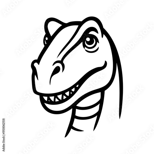 Dibujo sencillo con líneas de la cabeza de un dinosaurio enojado, con la boca abierta enseñando los dientes