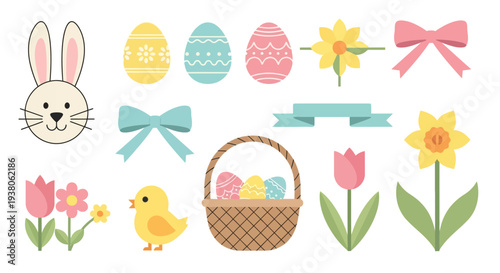 Easter-themed illustration featuring a bunny, eggs, flowers, and a basket, symbolizing spring and new life in a vibrant collection of seasonal elements.