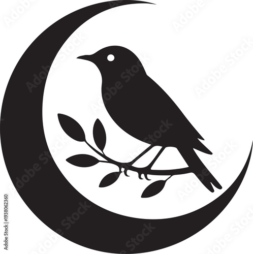 Black Nightingale silhouette on crescent moon branch, vector graphic logo design
