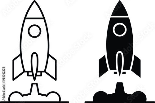 Vector icon set of rocket ships in black and white