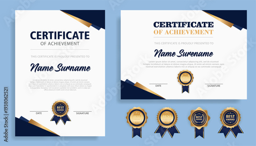 Certificate of appreciation template, gold and blue color. Clean modern certificate with gold badge. Certificate border template with luxury and modern line pattern. Diploma vector template