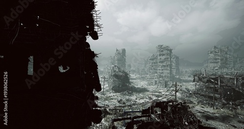 ruined city skyline shrouded in fog, broken towers looming over rubblestrewn avenues, collapsed overpasses and scattered concrete skeletons, muted gray palette