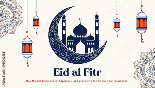 Eid al Fitr celebration with mosque and crescent moon